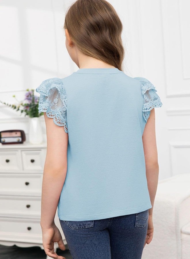 blibean Teen Girl Shirts Preteen Kid Girls Blouse Summer Short Sleeve Flowy Dress Tops Fashion Casual Dressy Clothes Fancy Solid Blouse Size 10-11 Year Old Light Blue - Image 3